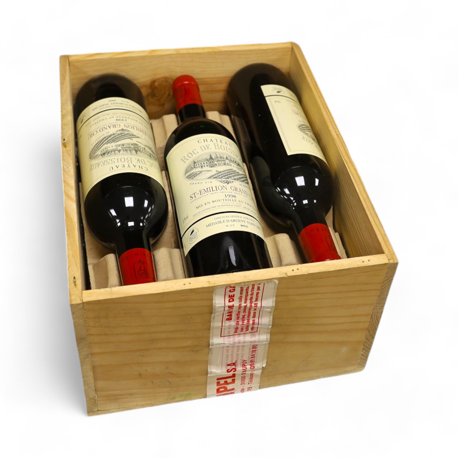 A case of six bottles of Chateau Roc de Boisseaux Saint Emilion Grand Cru 1998. Condition - unknown history of storage